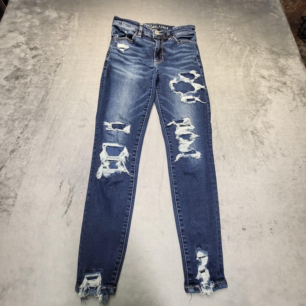 American Eagle Jeans Womens 2 Blue Hi-Rise Jegging Crop Distressed Stretch